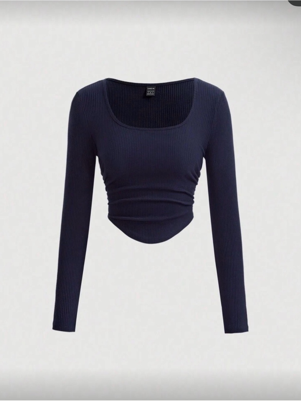 SHEIN Navy Ribbed Ruched Long-Sleeve Crop Top